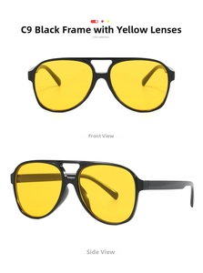 Detailed views of C9 aviator sunglasses with black frames and orange ocean lenses