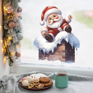 Cartoon Santa Claus on chimney static window sticker for festive home glass decoration