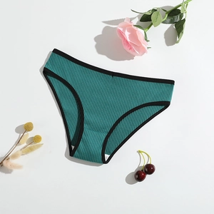 Dark green ribbed cotton panties for women with black trim and breathable fabric design