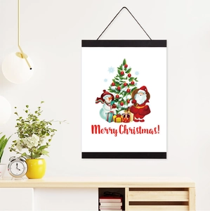 Close-up of a magnetic wooden hanger frame with a colorful Christmas snowman poster