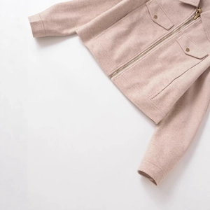 Women's casual soft pink tweed jacket with full zipper and double chest flap pockets
