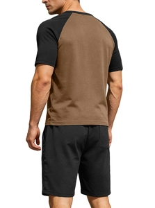 Rear view of men's waffle knit sports set featuring brown raglan sleeves and black shorts