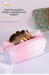 Macro shot of gradient quilted makeup bag with internal storage for cosmetic brushes