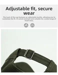 Detail of adjustable metal buckle on camouflage military cap for men with logo engraving