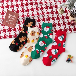 Women Christmas Socks Cotton Blend Knit Santa Reindeer Snowman Patterns Mid Calf Holiday Party Novelty Hosiery