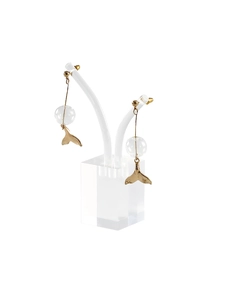 Golden mermaid tail drop earrings with glass bead on transparent acrylic display stand