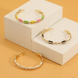 Fashionable enamel geometric open bangles with sparkling zircon in three elegant colors