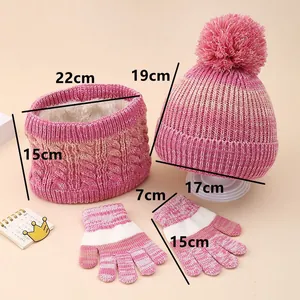 Detailed size chart showing dimensions for kids gradient knit hat, scarf and glove set
