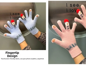 Close-up of winter touch screen gloves featuring cute cartoon embroidery and deer pattern