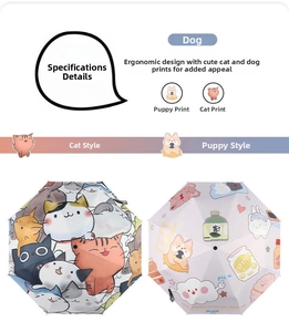 Detail view of cute cartoon cat and puppy prints on high-quality folding umbrellas