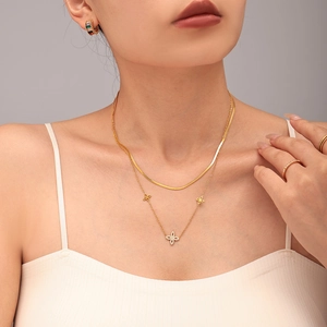Bohemian Stainless Steel Four-Leaf Flower Zircon Necklace And Bracelet For Women Gold Silver Plated Clover Wedding Party Jewelry