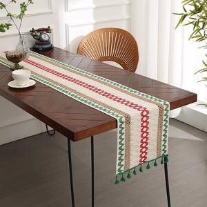 Woven Table Runner Cotton Linen And Jute Geometric Pattern With Tassels For Dining Table Bohemian Rustic Vintage Style