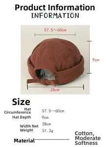 Size chart showing circumference 57.5-60cm and cotton material for brimless dock hat