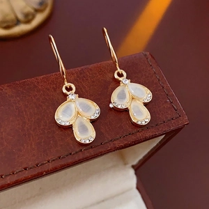 Water Drop Cat's Eye Stone Dangle Earrings Rhinestone Alloy Leaf Flower Design With Silver Earring Post Fashion For Women