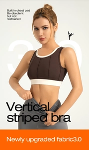 Detailed shot of vertical striped sports bra with built-in pads and 3.0 performance fabric