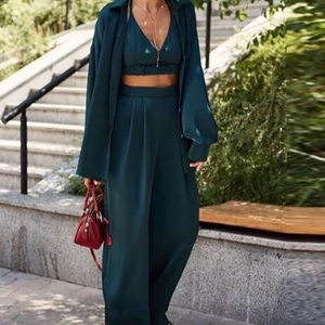 Camicia In Raso Da Donna Top Corto E Pantaloni A Gamba Larga Tinta Unita Completo Casual Estivo Streetwear
