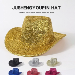 Detailed grid of sequined glitter cowboy hats in gold, silver, pink, and blue colors