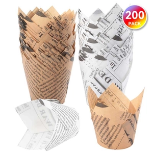 Tulip Cupcake Liners Greaseproof Paper Muffin Wrappers Newspaper Print Heat Resistant Baking Cups For Dessert DIY