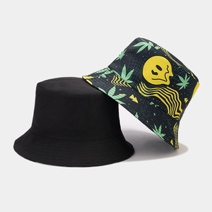 Detail of double-sided bucket hat featuring reversible black and yellow smiley face print
