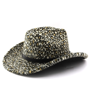 Macro detail of leopard print cowboy hat featuring soft plush texture and black leather band