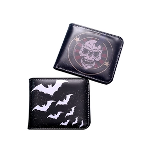 Herren Kurze Bifold Geldbörse PVC Kunstleder Gothic Totenkopf Fledermaus Druck Kartenhalter Reißverschluss Münzfach Retro