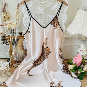Champagne satin leopard print nightgown with sleek double straps and deep V-neckline