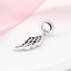 S925 sterling silver angel wing charm bead for DIY bracelets on a pink ribbon