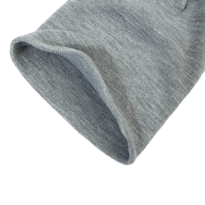 Close-up of grey knitted beanie hat showing detailed rib knit texture and soft fabric.