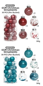 Detail of 30pcs 6cm Christmas ball set in diverse finishes including glitter and beads