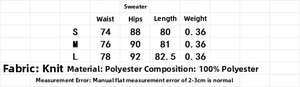 Detailed size chart for the knit midi skirt set showing S to L dimensions in centimeters