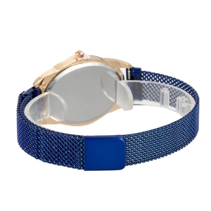 Detail of rose gold watch case with blue Milanese mesh strap on a display stand