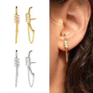 S925 silver fringe drop earrings with square zircons in gold and silver plating