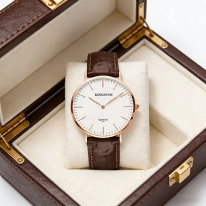 Business casual quartz watch with rose gold case and brown leather strap in a gift box