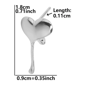 Detailed dimension guide for liquid heart earrings with height 1.8cm and width 0.9cm