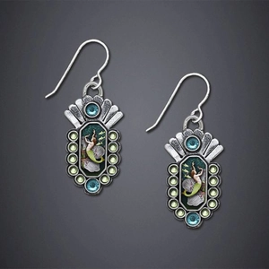 Vintage silver mermaid earrings with blue and green glass stones in bohemian style