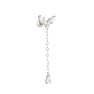Close-up of S925 silver butterfly tassel ear bone stud with dangling drop zircon
