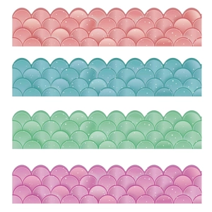 Detail of waterproof mermaid scale border stickers in pink, teal, green, and purple hues