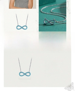 Macro detail of infinity pendant in S925 sterling silver featuring turquoise stones