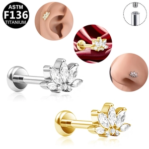 Macro detail of lotus crown piercing stud made of F136 titanium with internal threading