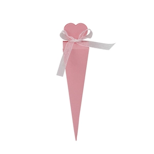Pink heart-top cone wedding favor box with white ribbon for candy and party gifts