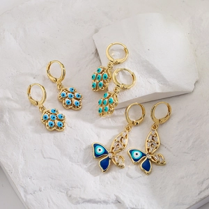 Evil Eye Butterfly Leaf Hoop Earrings 18K Gold Plated Copper Enamel Cubic Zirconia Geometric Dangle Jewelry For Women