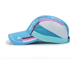 Detail of breathable side mesh and skating competition print on quick-dry sports cap