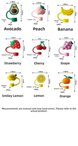 Detail view of 9 cartoon fruit silicone straw covers for 10mm drinking straws