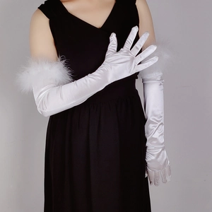 Elegant white satin elbow-length gloves with plush feather trim for wedding ceremonies