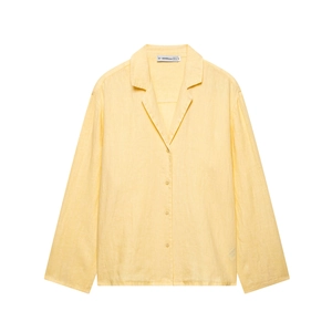 Bright yellow long sleeve linen shirt and shorts set with button-down collar
