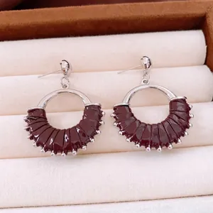 Vintage silver-plated circular hoop earrings with woven burgundy leather detail for women