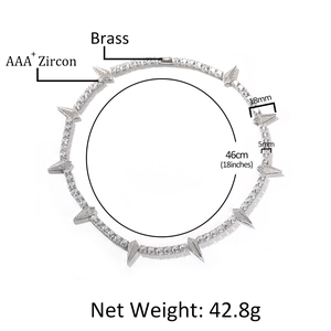Hip hop silver tone brass tennis necklace with AAA+ cubic zirconia spikes and measurements