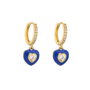 Detail of heart drop earrings with blue enamel and zircon inlay on gold band