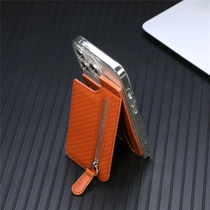 Brown carbon fiber texture phone wallet with zipper stand function on clear case