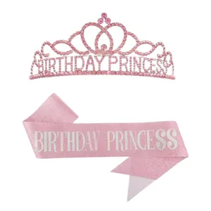 Pink Birthday Princess set with sparkling rhinestone tiara and glittery sash for women